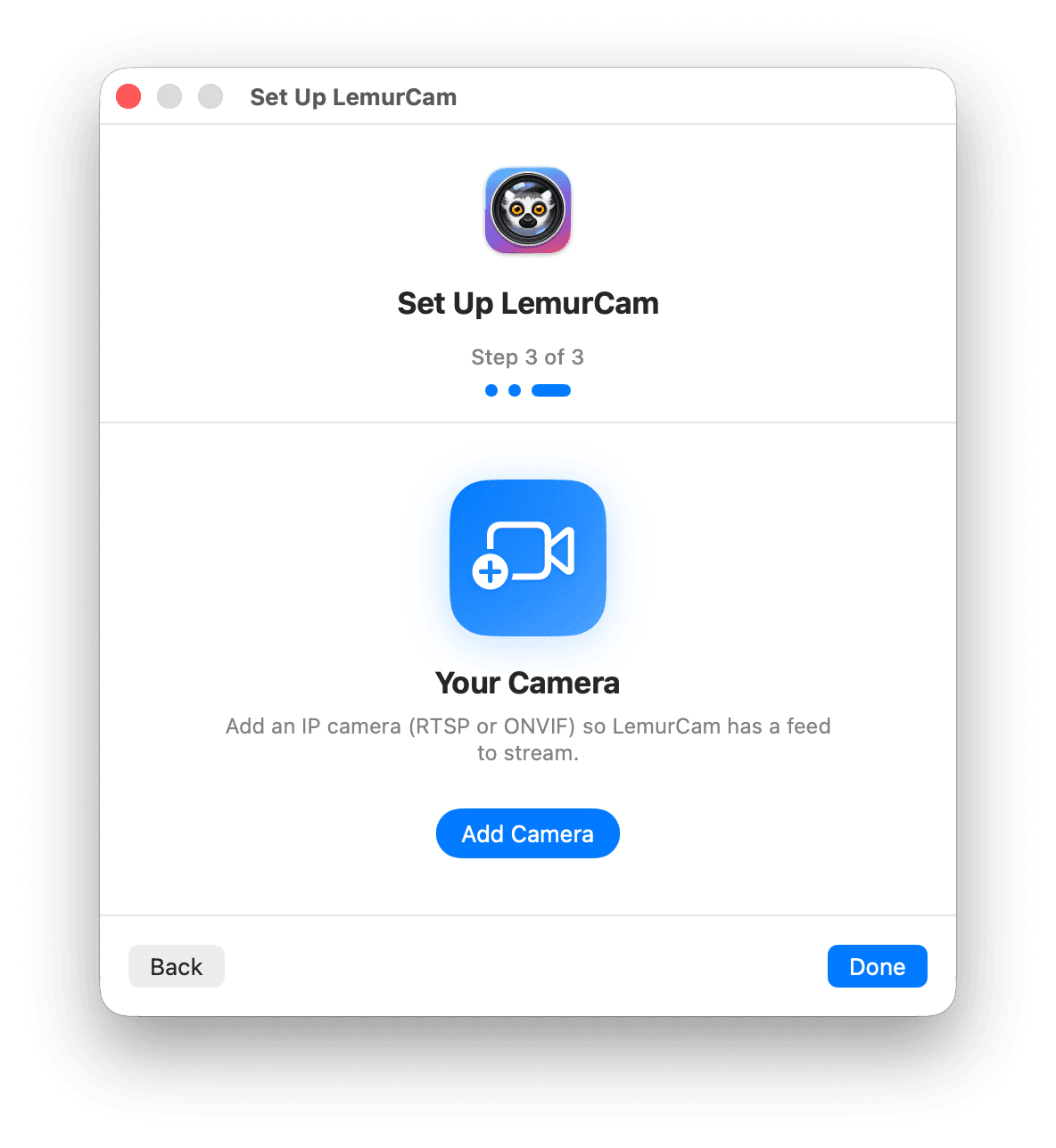 LemurCam guided setup step for adding an IP camera