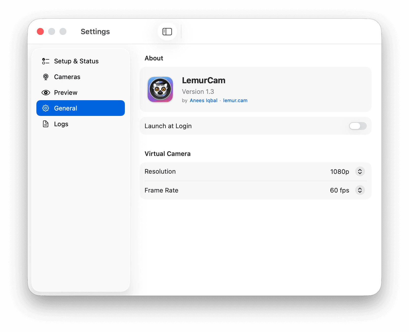 LemurCam general settings and about screen