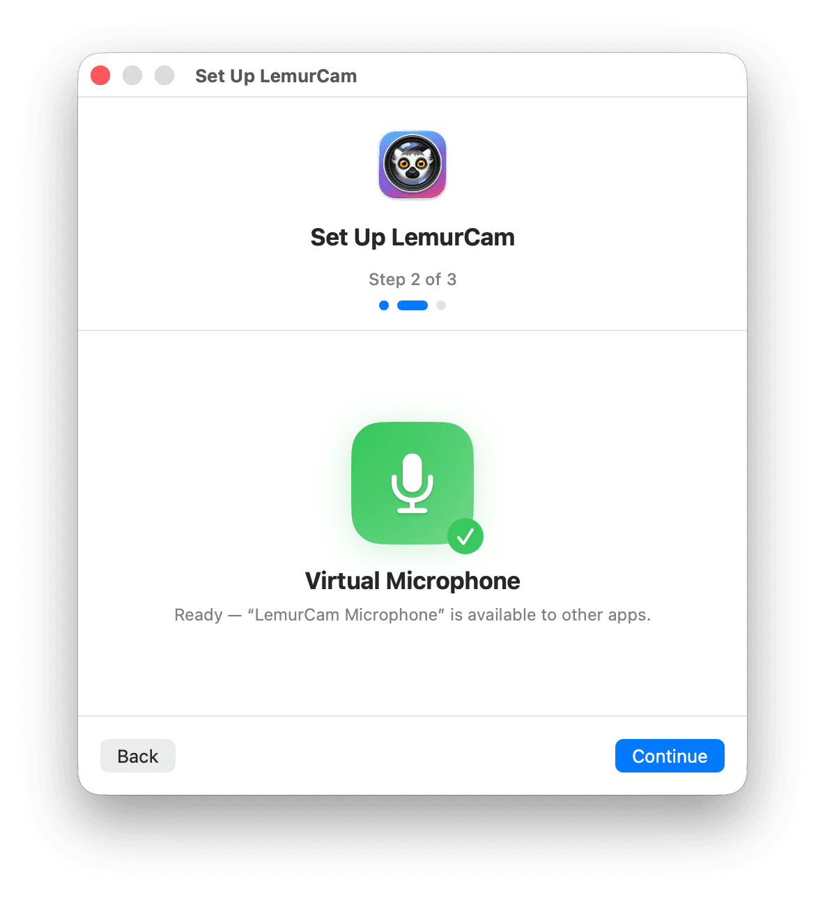 LemurCam virtual microphone ready and available to other apps