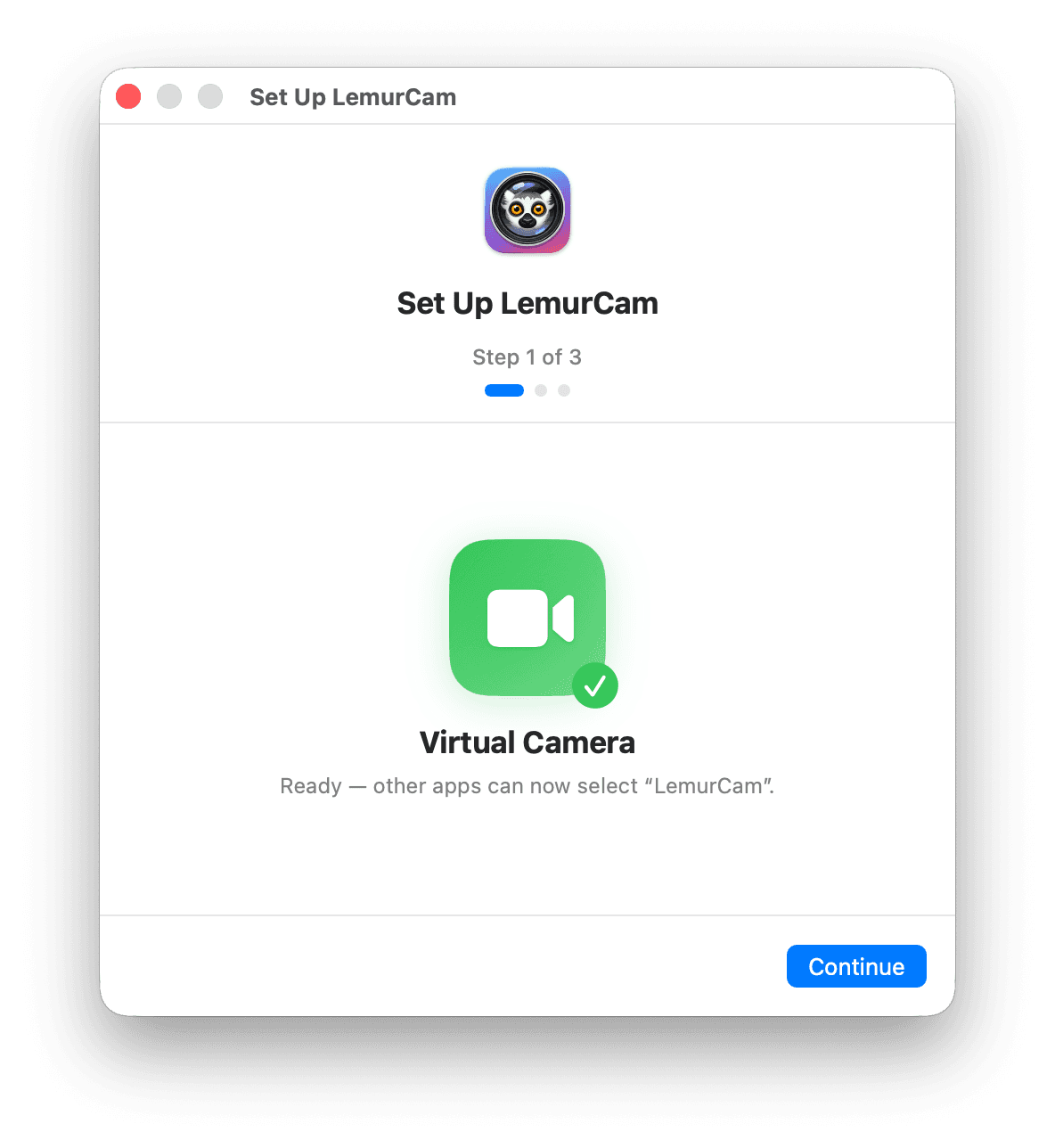 LemurCam guided setup showing the virtual camera ready