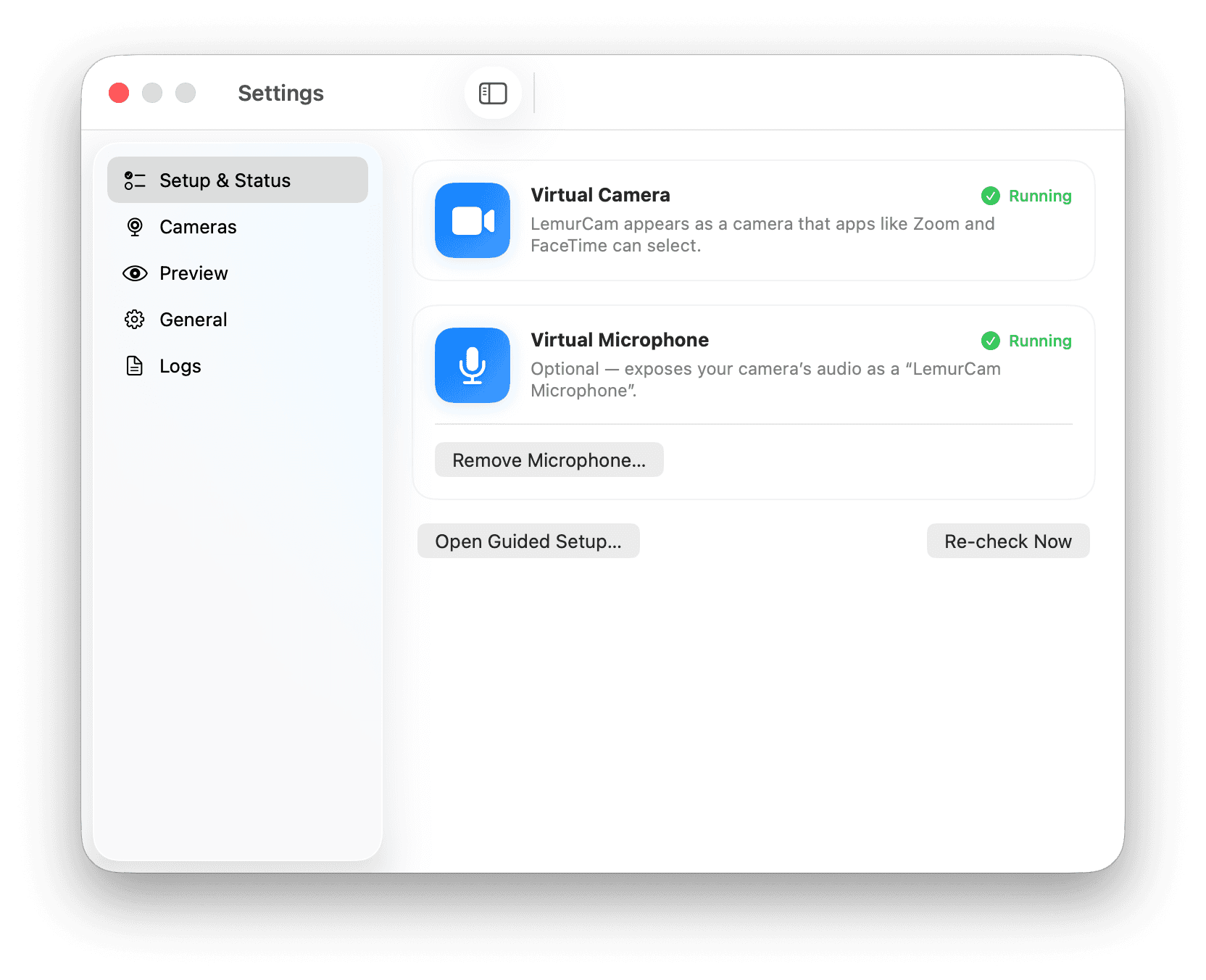 Setup and status overview with device cards